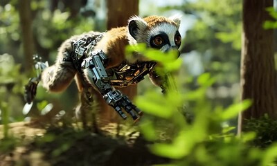 cybernetic lemur leaps through lush rainforest