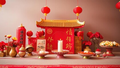 Chinese shrine altar with candles and decorations