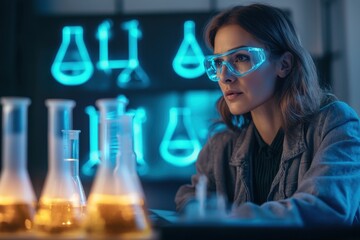 Poster - female scientist conducting experiments in a laboratory with glowing equipment in the background
