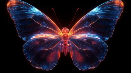 Poster - Colorful holographic butterfly with glowing wings on a dark background showcasing vibrant patterns