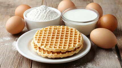 Aufkleber - A single waffle on a white ceramic plate, surrounded by ingredients like flour, eggs, and milk, representing a homemade baking concept.