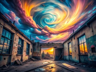 Wall Mural - Pastel Cloudscape: Whimsical Swirling Clouds in a Dreamy Urban Setting