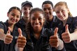 © Yuliia - Janitors of diverse backgrounds smile and give thumbs up against a white backdrop