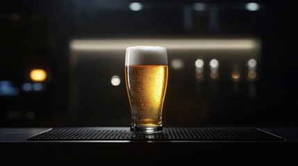 Poster - A sleek and minimalist beer glass with a pale ale, placed on a black stone surface with subtle lighting, highlighting the foam and golden color.