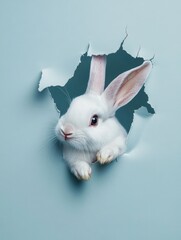 Bunny peeking out of a hole in paper, fluffy eared bunny easter bunny banner, rabbit jump out torn hole.