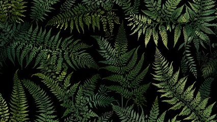 Wall Mural - A continuous pattern of ferns and delicate leaves, designed for seamless wallpaper with a vintage botanical flair, deep green tones, intricate details, hand-drawn vintage style, natural light,  genera