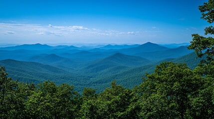 Poster - Panoramic view of blue mountains under a clear sky.