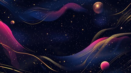 Poster - Cosmic Abstract Background with Shimmering Gold Accents and Colorful Waves in a Starry Night Sky