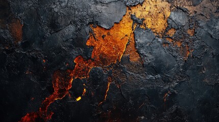 Poster - Textured Dark Cement Background with Fiery Orange Highlights and Cracked Surface for Abstract Design Use