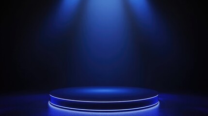 Poster - Abstract deep blue illuminated stage with circular pedestal and soft lighting effect suitable for presentations and creative showcases