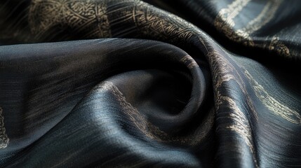 Poster - Lustrous Silk Fabric Texture with Deep Black Tones and Intricate Patterns for Elegant Background Designs