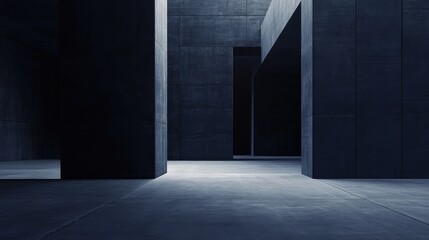 Poster - Abstract dark blue and black concrete landscape with intricate textures and geometric shapes creating a moody architectural scene