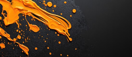 Poster - Abstract orange paint splashes on a black background creating vibrant artistic textures with ample space for personalized text or branding.