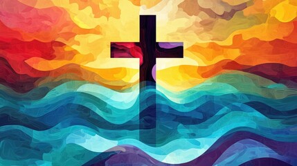 Poster - Colorful Abstract Waves with a Silhouette of a Cross Against a Vibrant Sunset Background