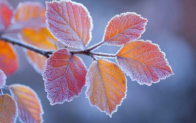 Poster - Frost-covered autumn leaves on a branch.