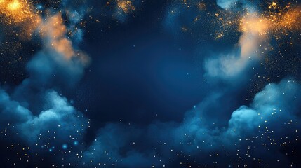 Poster - Abstract Dark Background with Dramatic Smoke and Sparkling Gold Particles in Blue and Black Atmosphere