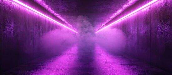 Fototapete - Abstract neon-lit tunnel with purple foggy ambiance and empty space for text showcasing a futuristic atmosphere and design potential