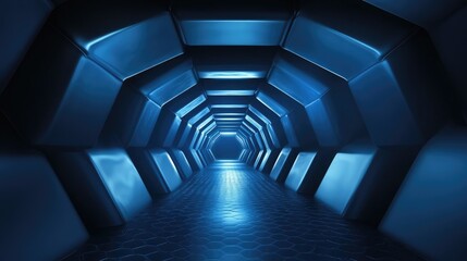 Fototapete - Futuristic Dark Blue Hexagonal Tunnel with Glowing Lights and Reflective Surfaces for Technology and Sci-fi Backgrounds