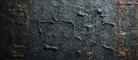 Poster - Abstract dark textured cement wall with metal elements showcasing unique patterns and ample empty space for text or design overlays.