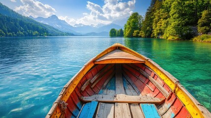 Aufkleber - Scenic view from colorful wooden boat on tranquil lake surrounded by lush forest and mountains during sunny summer day