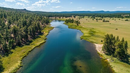Aufkleber - Aerial view of serene river winding through lush greenery and untouched landscape under a bright blue sky.