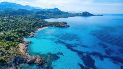 Aufkleber - Stunning aerial coastal landscape with crystal clear waters and lush greenery under a bright sunny sky