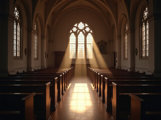 Aufkleber - An Empty Synagogue With Light Streaming Through Stained Glass, Soft Lighting, Symbolic Of Faith, Emotional Depth, Respectful Tone 00001