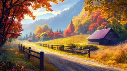 Poster - Scenic autumn ranch landscape with vibrant foliage and serene dirt road under a clear sky showcasing nature's beauty in warm colors