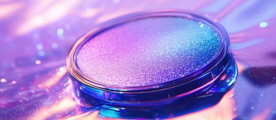 Poster - Holographic shimmer texture with vibrant purple pink and blue tones featuring circular bokeh and light rays ideal for creative backgrounds