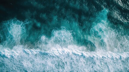 Aufkleber - Aerial view of turquoise ocean waves breaking on a sandy shore with ample empty space for overlaying text or graphics