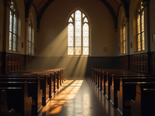 Aufkleber - An Empty Synagogue With Light Streaming Through Stained Glass, Soft Lighting, Symbolic Of Faith, Emotional Depth, Respectful Tone 00003