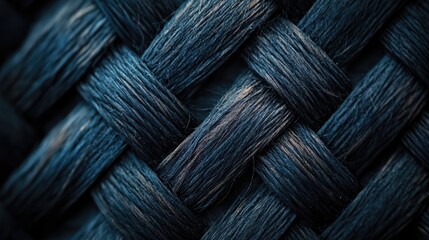 Poster - Dark woven textile texture showcasing intricate patterns of interlaced fibers for use in design and background applications.