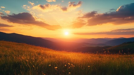 Poster - Breathtaking sunset over rolling hills with vibrant sky and scenic landscape in the early morning light
