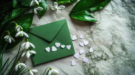 Poster - Spring-themed birthday card with green envelope white heart confetti and snowdrop flowers on marble and linen background.