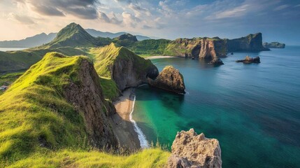 Poster - Stunning coastal landscape of an idyllic island with green hills and rocky cliffs under a dramatic sky