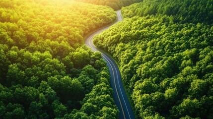 Poster - Aerial landscape of serene winding road through lush greenery under warm sunlight creating a peaceful countryside scene