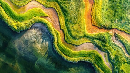 Poster - Aerial view of vibrant abstract patterns in nature showcasing organic shapes and rich colors in wetlands and marshland environments