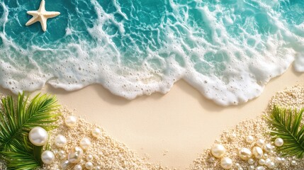 Aufkleber - Aerial View of Serene Tropical Beach with Ocean Waves and Glimmering Pearls on Golden Sand