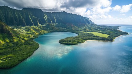 Poster - Aerial view of serene waters surrounded by vibrant green hills and majestic mountains under a partly cloudy sky.