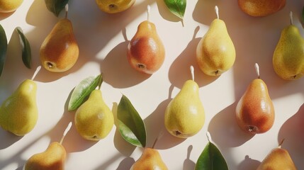 Poster - Varieties of Fresh Pears with Natural Imperfections and Leaves on Light Background Showcasing Realistic Textures and Freshness