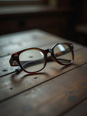 Poster - An Old Pair Of Glasses Lying On A Wooden Table, Soft Light, Symbolic Of Lost Perspectives, Historical Significance, Emotional Tone 00001