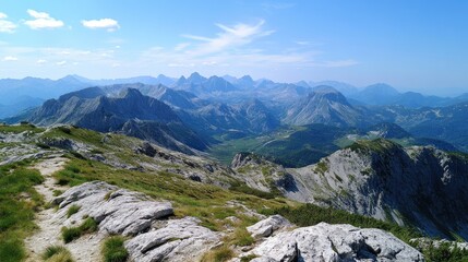 Poster - Stunning panoramic view of the Dolomites showcasing rugged mountains and scenic hiking trails in a beautiful nature park setting.