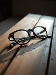 Poster - An Old Pair Of Glasses Lying On A Wooden Table, Soft Light, Symbolic Of Lost Perspectives, Historical Significance, Emotional Tone 00003