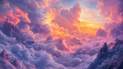 Aufkleber - Majestic sunset over a mountain landscape adorned with vibrant and fluffy clouds creating a breathtaking view in the sky.