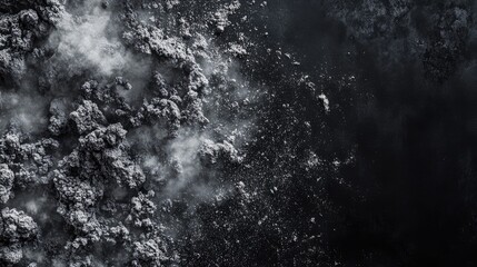 Poster - Aerial view of volcanic ash foam on dark background with ample space for text creating a dramatic and unique visual effect