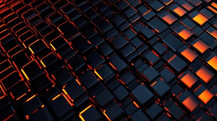 Fototapete - Modern Abstract Cube Background with 3D Rendered Pixel Art Technology in Vibrant Black and Orange Colors for Creative Designs