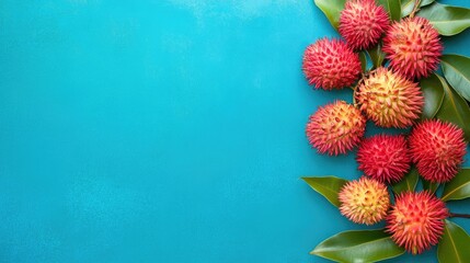 Poster - Aerial View of Rambutan Fruits on Vibrant Teal Background with Space for Text and Design Elements