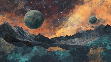 Poster - abstract cosmic landscape with planets and galaxies showcasing vibrant colors and dramatic mountains