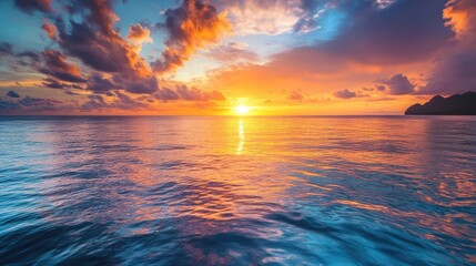 Aufkleber - Breathtaking subtropical sunset over tranquil ocean waters with vibrant colors and dramatic clouds reflecting in the sky.