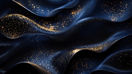 Poster - Elegant dark blue and black abstract waves with golden glitter for luxurious holiday design and text space